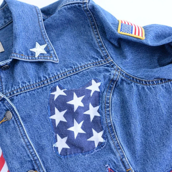 Vintage Cherokee Patriotic USA Flag Stars Blue Denim Button Up Jacket L - Picture 10 of 12